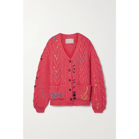 Lingua Franca - Embroidered Cable-knit Alpaca  Wool-blend Cardigan Coral Large - Picture 3 of 10